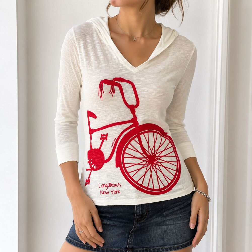 Marushka Handprints Hoodie Medium White Slub Cotton V-Neck Graphic Bicycle Y2K